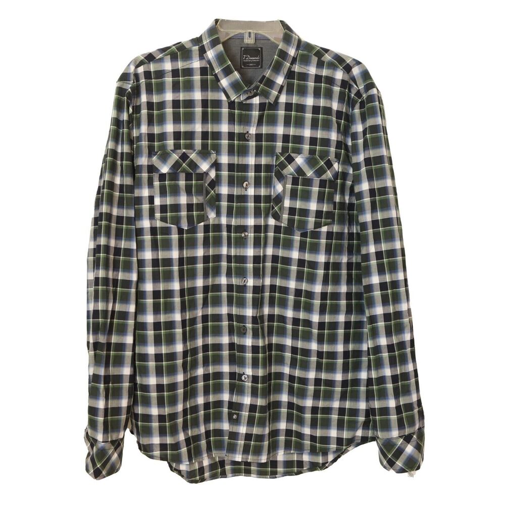 7 Diamonds Men's Plaid Shirt With Pockets Size XL Green Blue Black Multi NEW B11